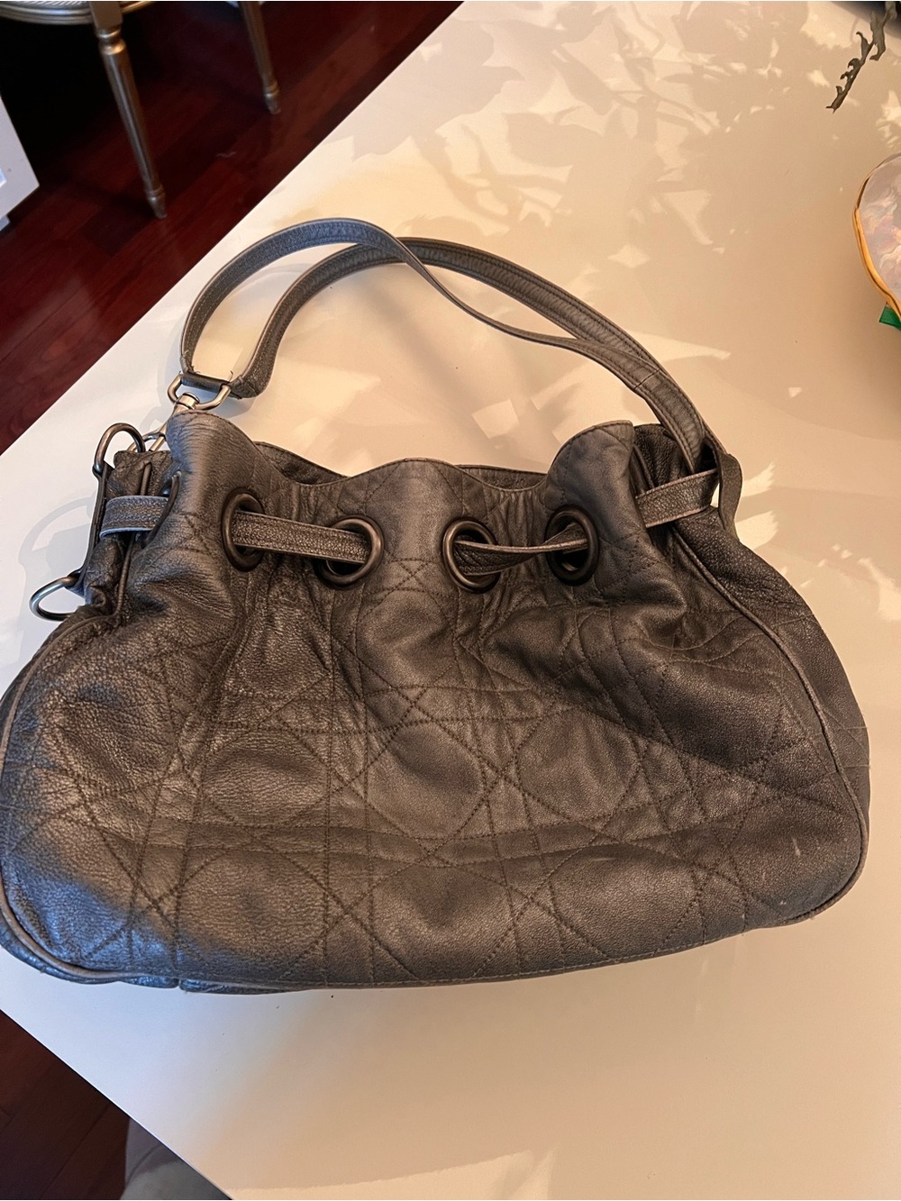 Dior Gray Quilted Leather Shoulder Bag with Grommet Detail